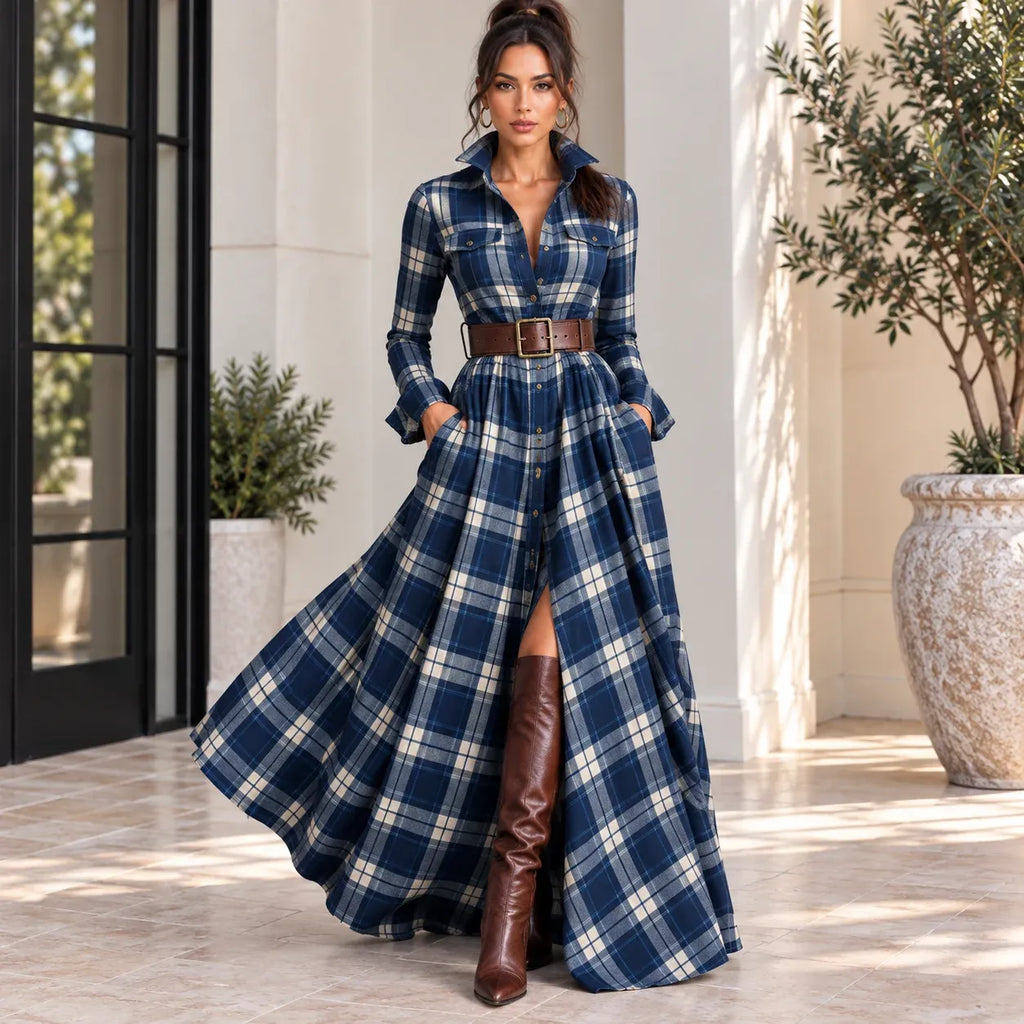 Women’s navy blue and white plaid button-front collared maxi dress with belt and pockets