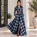 Women’s navy blue and white plaid button-front collared maxi dress with belt and pockets