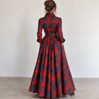 Back view of women’s red plaid button-front collared belted maxi dress with long sleeves