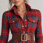 Close-up of women’s red plaid maxi dress showing collared neckline, button front, chest
