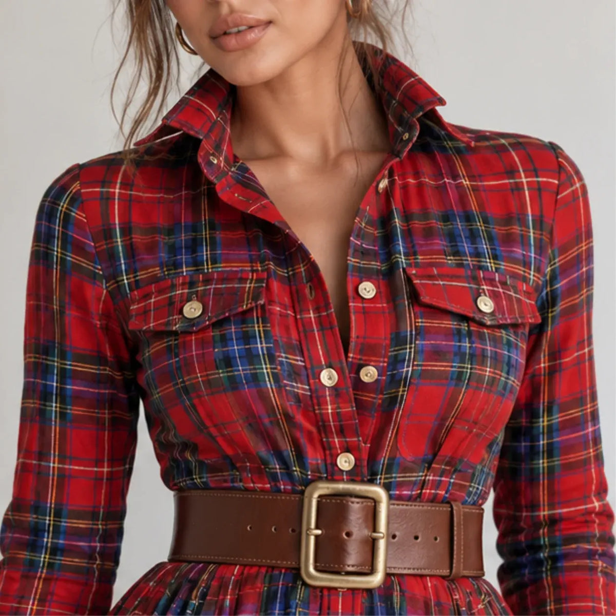 Close-up of women’s red plaid maxi dress showing collared neckline, button front, chest