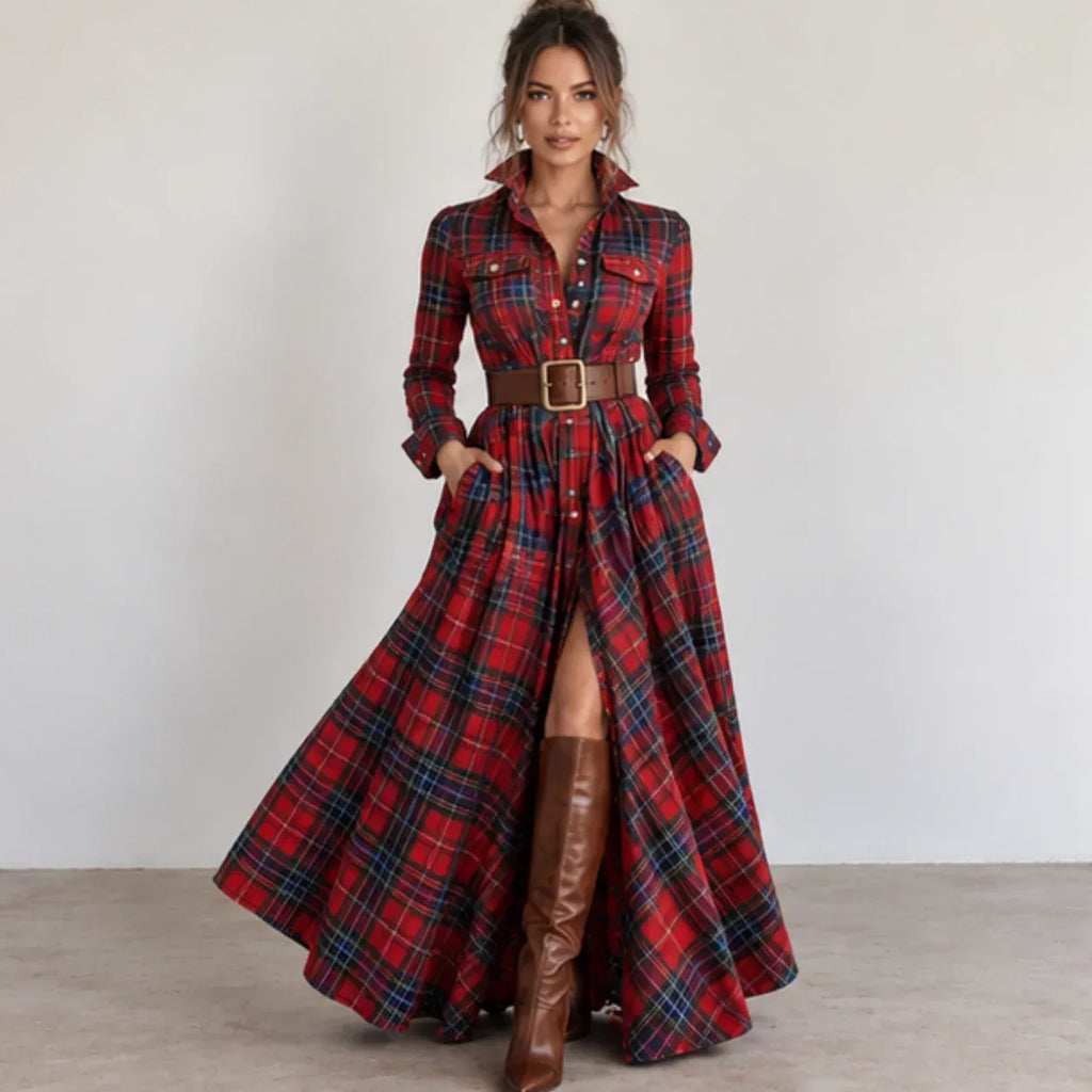 Front view of women’s red plaid button-front collared belted maxi dress with pockets