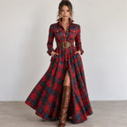 Front view of women’s red plaid button-front collared belted maxi dress with pockets