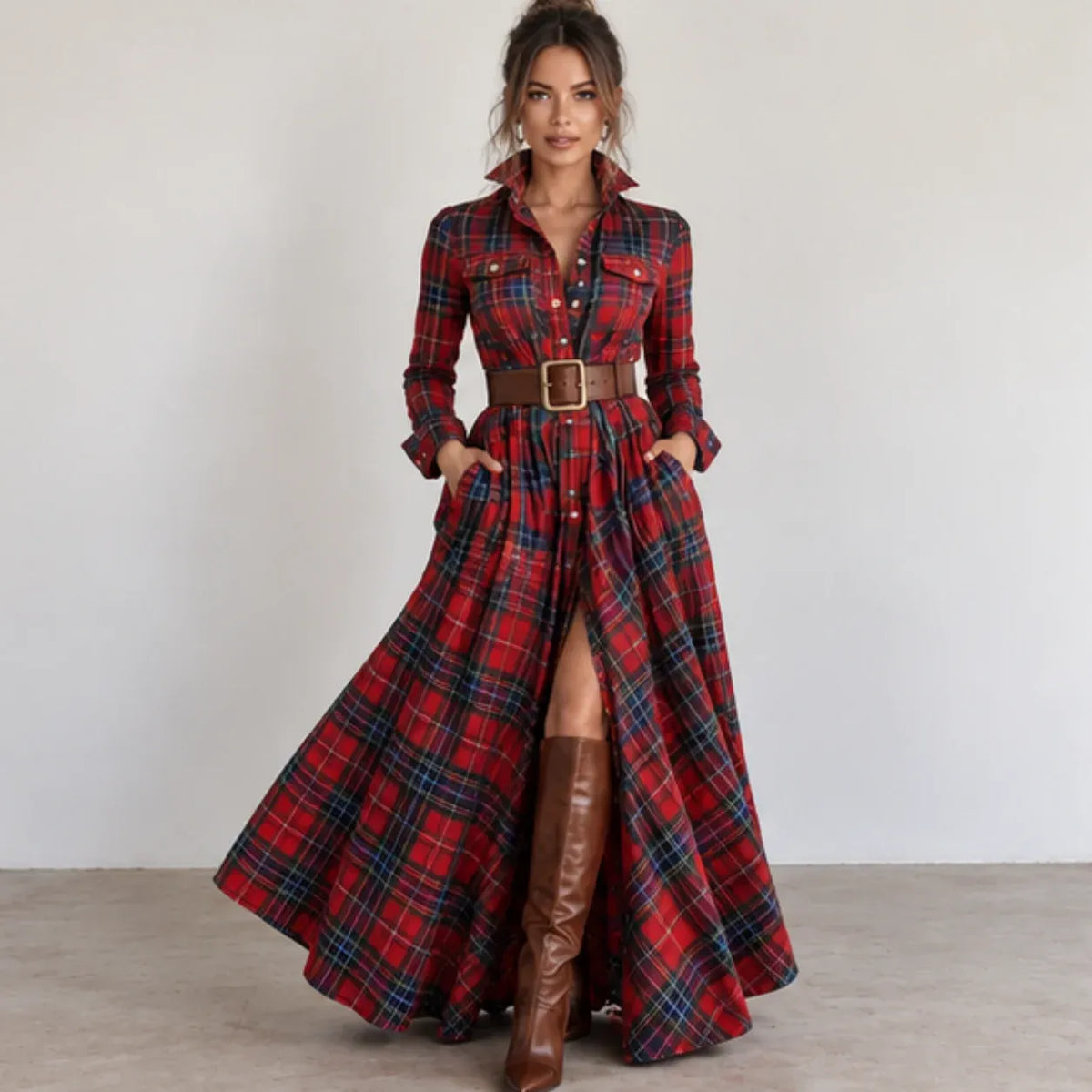 Front view of women’s red plaid button-front collared belted maxi dress with pockets