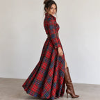 Side view of women’s red plaid button-front collared belted maxi dress with long sleeves
Red Front