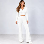 Women’s white ribbed knit zip-up hoodie and wide-leg pants set