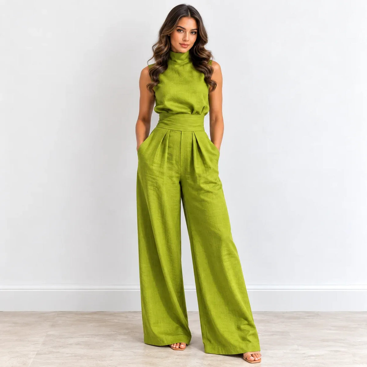 A woman modeling a bright olive green sleeveless jumpsuit with a high mock neck, wide legs, and a matching fabric waist belt, standing against a white wall.