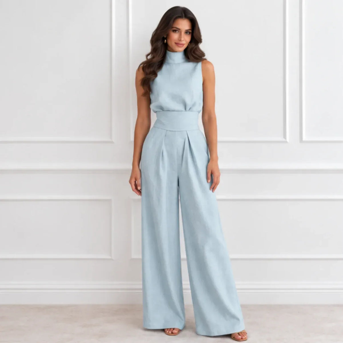 Women’s light blue sleeveless mock-neck wide-leg jumpsuit with pleated high waist and wide-leg pants