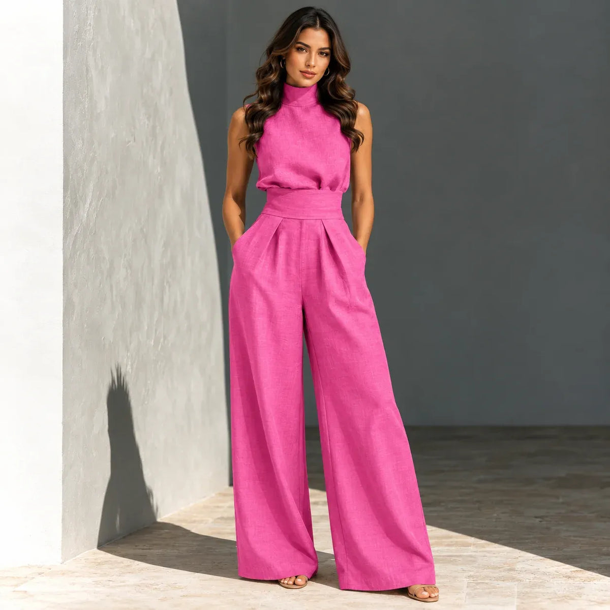 A woman models a bright pink sleeveless high-neck jumpsuit with wide-leg trousers, standing in a minimalist studio setting with a textured gray wall and tiled floor.