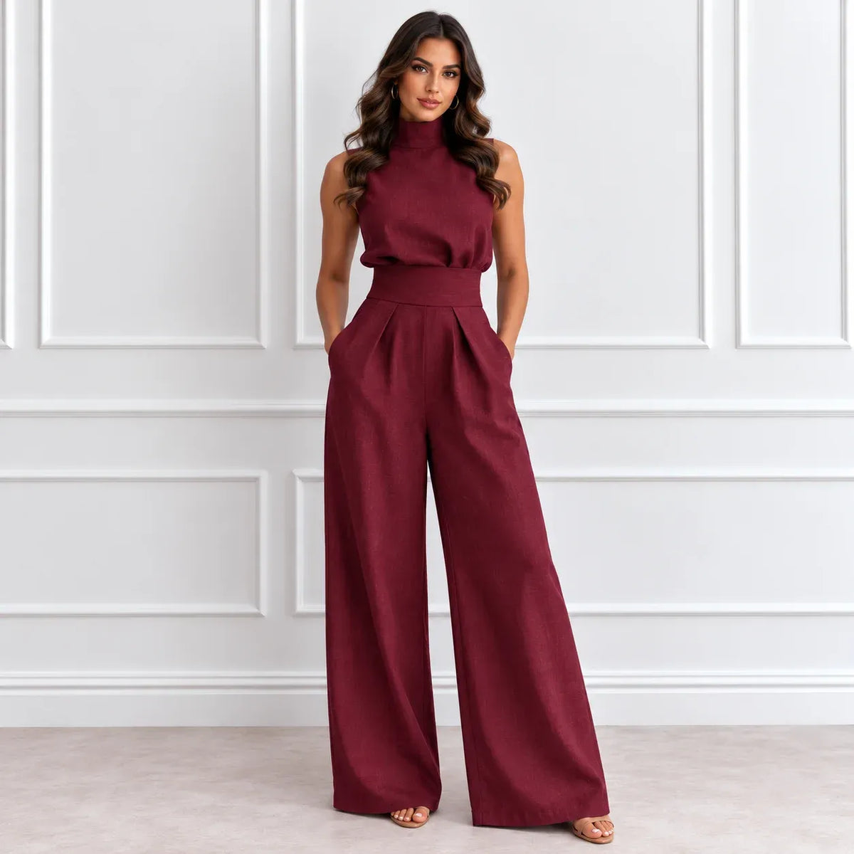 A woman modeling a sleeveless high-neck jumpsuit in deep burgundy, standing against a white paneled wall.