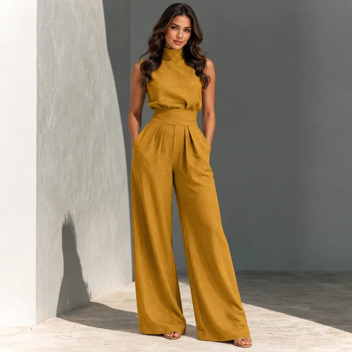 A woman models a mustard yellow sleeveless jumpsuit with a high mock neck, defined waist, and wide-leg pants, standing in a minimalist gray and white corner.