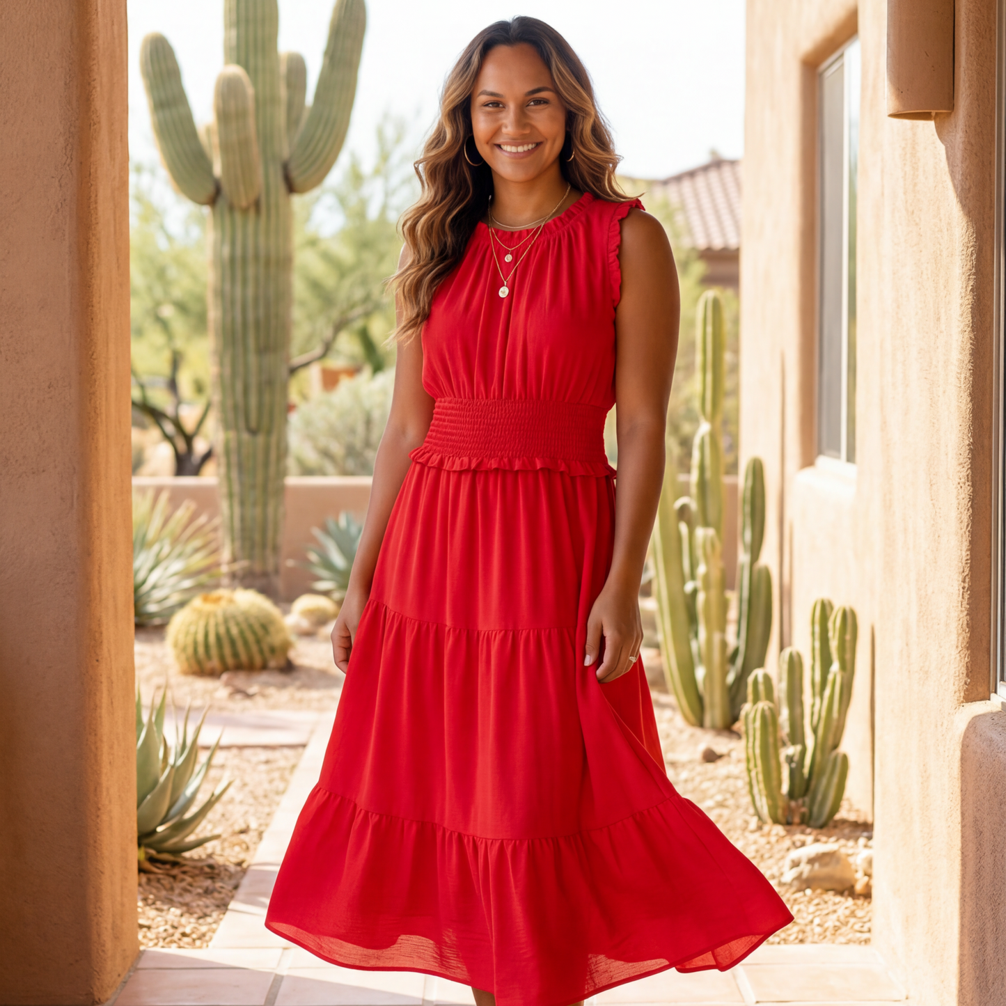 Woman in a red dress standing in front of a desert landscape with cacti.