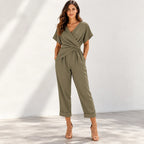 Khaki Twist Front V-Neck Two-Piece Set with short sleeves, cropped pants, and cuffed hems