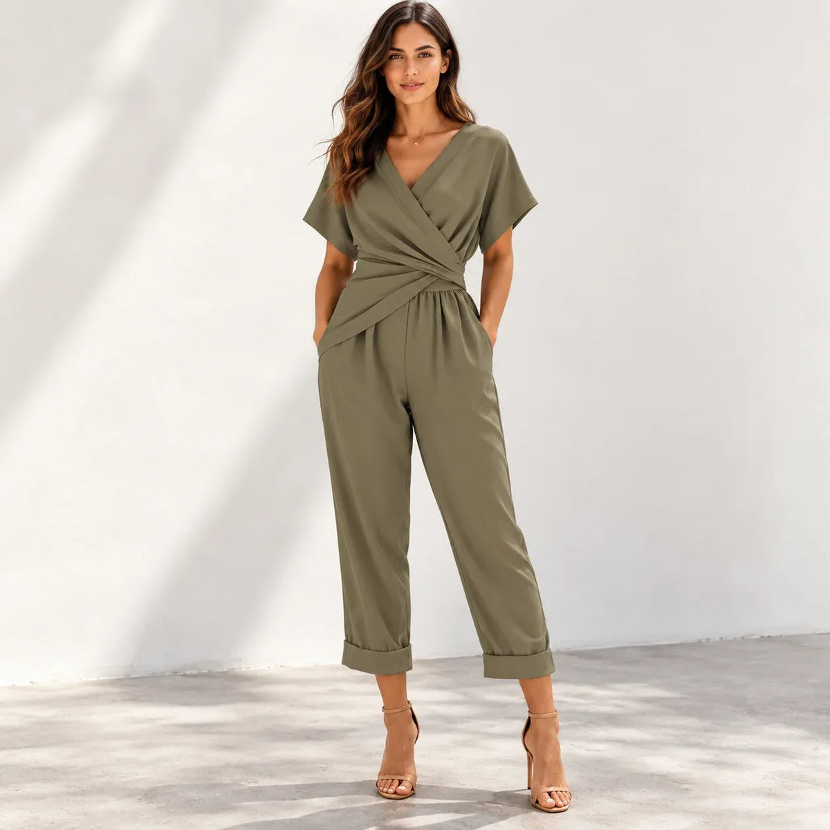 Khaki Twist Front V-Neck Two-Piece Set with short sleeves, cropped pants, and cuffed hems