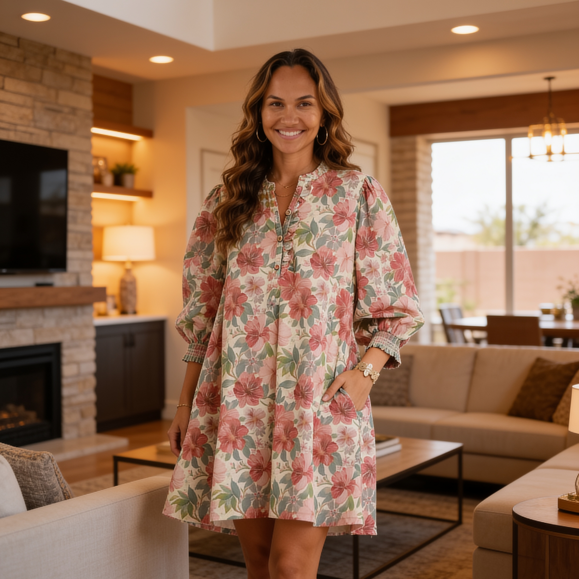 Umgee Mix Floral Print Smocked Cuff Mini Dress from Solazura Boutique