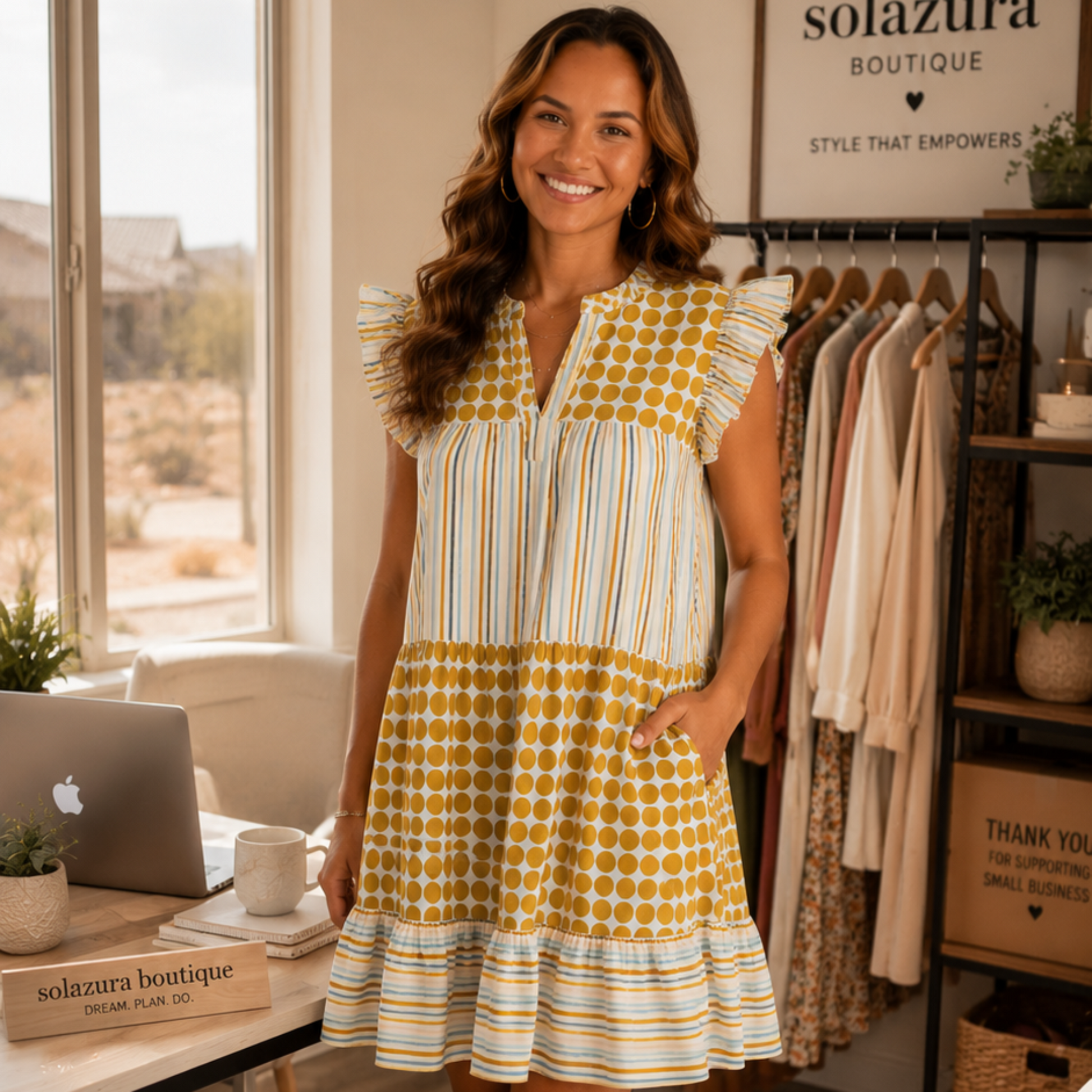 Umgee Mix Patchwork Flutter Sleeve Tiered Dress from Solazura Boutique