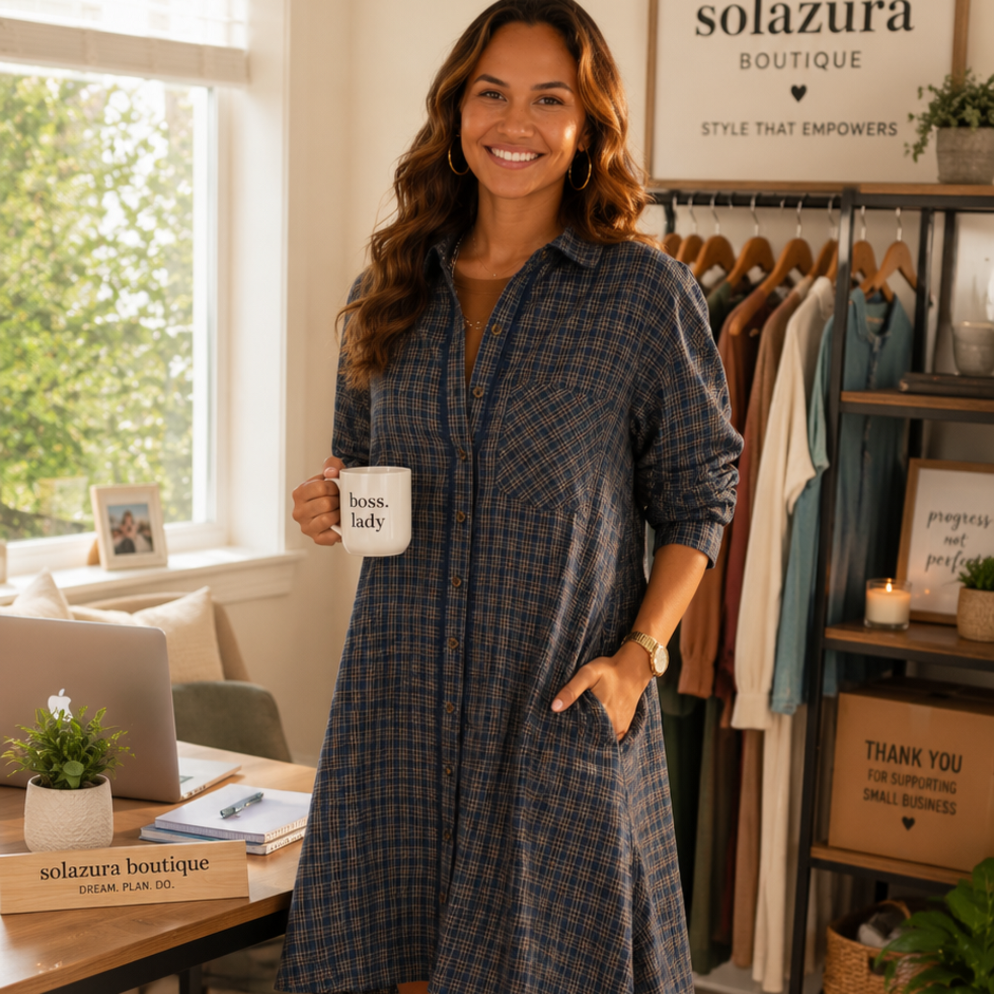 Umgee Plaid Oversized Shirt Dress in Navy from Solazura Boutique