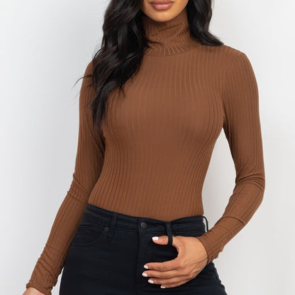 Ribbed Turtleneck Long Sleeve Bodysuit in Downtown Brown - Front View