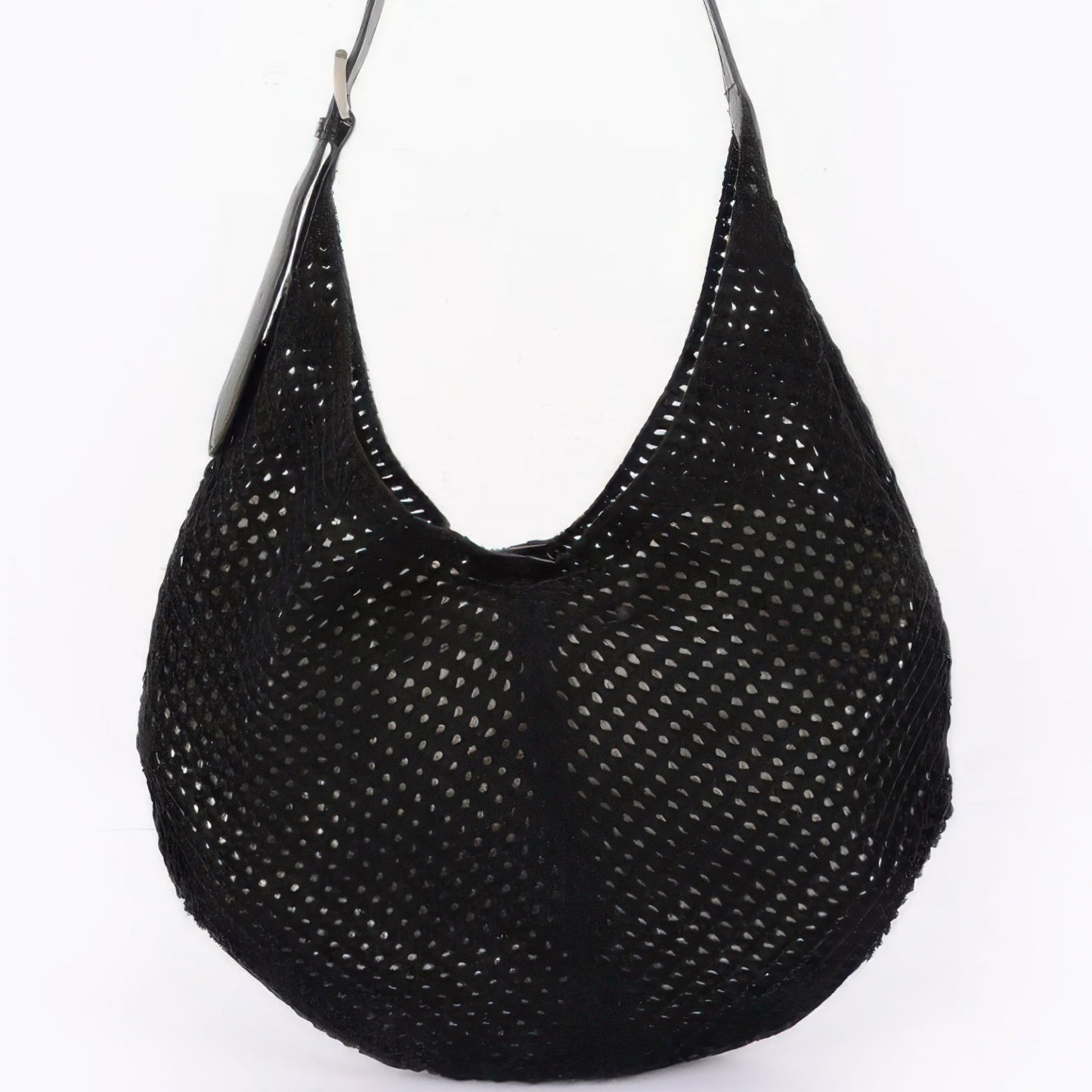 Front view of the open knit mesh crochet beach tote bag in black from Solazura Boutique