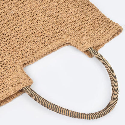Faux Straw Tote Bag in Khaki - handle View
