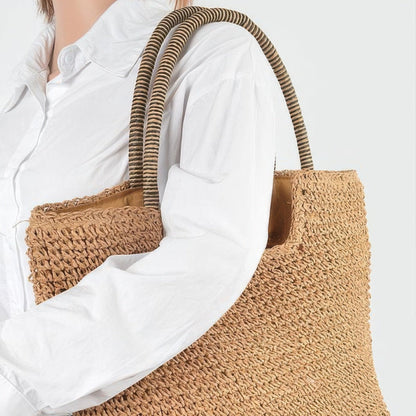 Faux Straw Tote Bag in Khaki - Lifestyle View