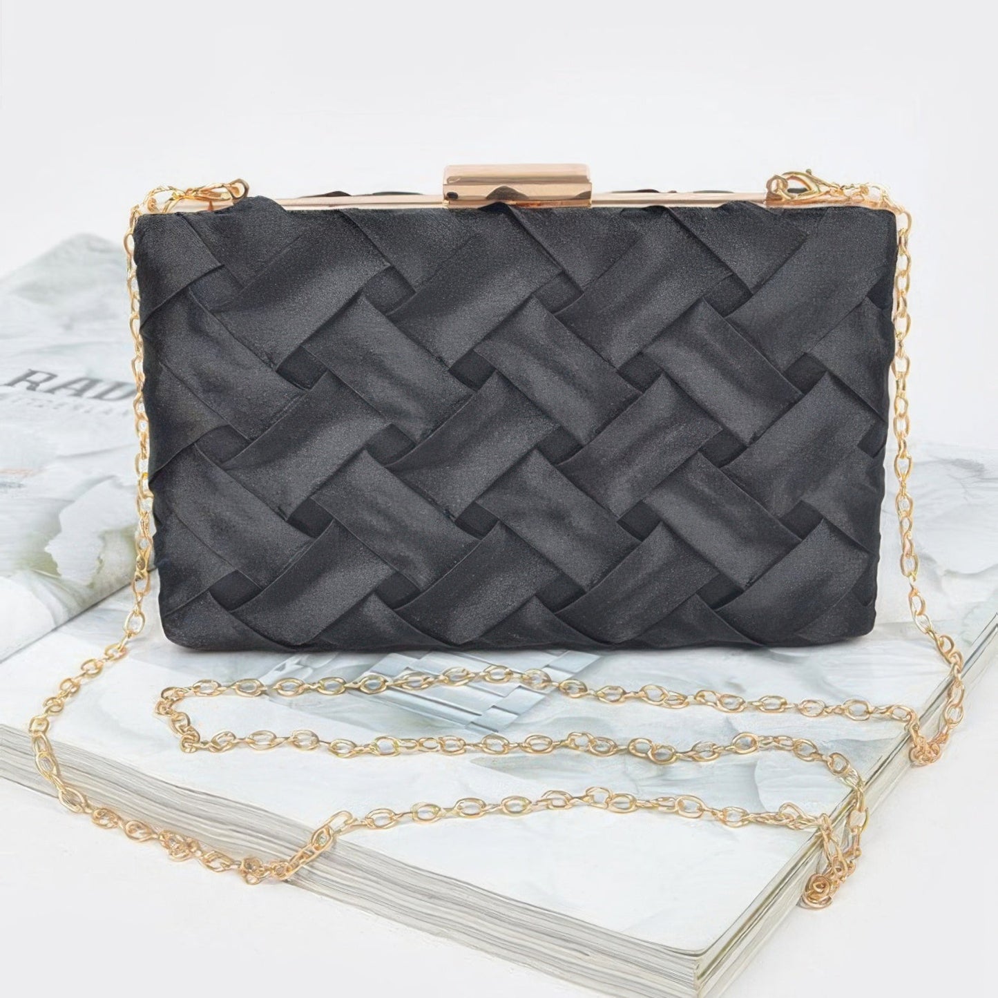 Cross Hatched Chain Clutch in Black - Front View 
