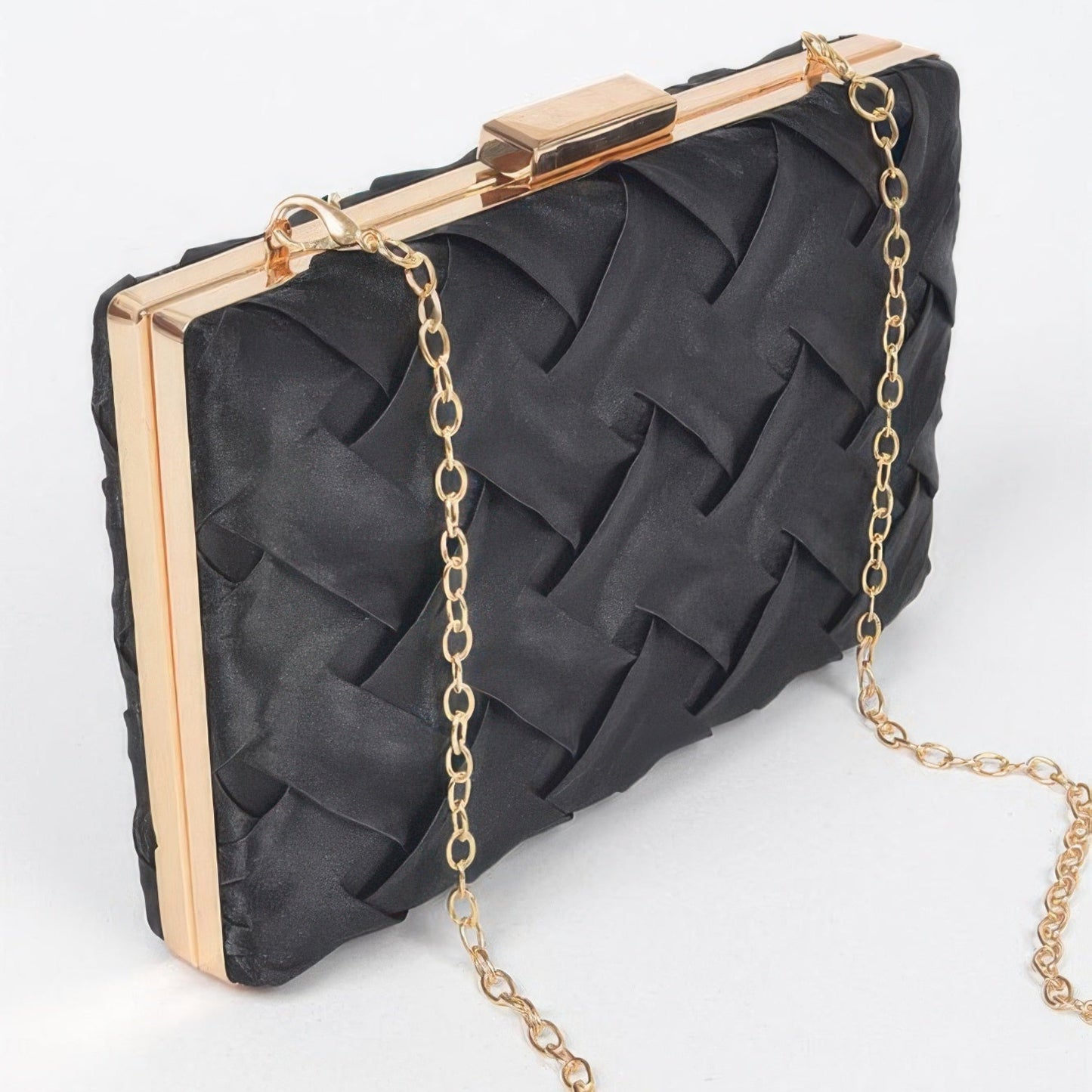Cross Hatched Chain Clutch in Black - Side View 