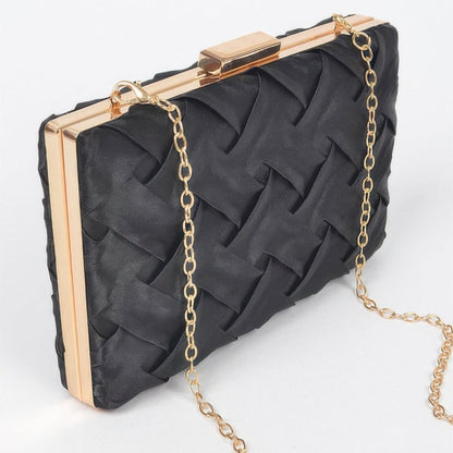 Cross Hatched Chain Clutch in Black - Side View 