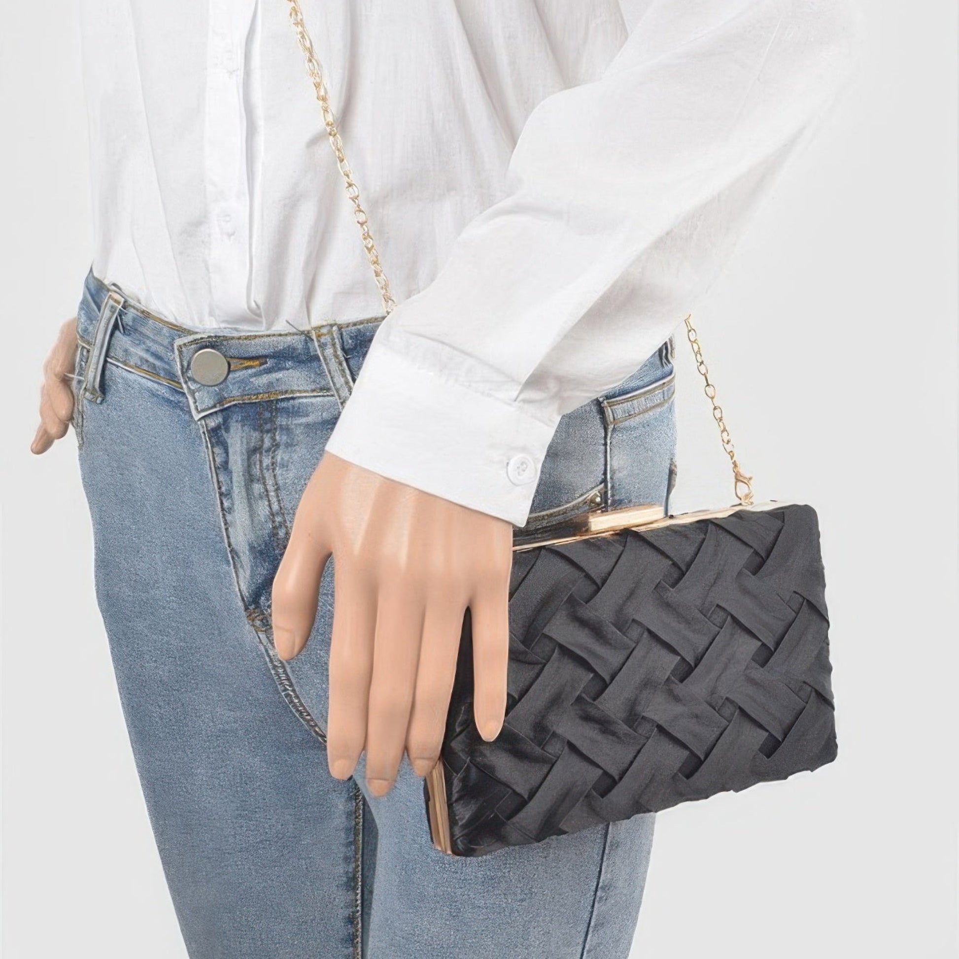 Image 5: Cross Hatched Chain Clutch in Black - Lifestyle View 