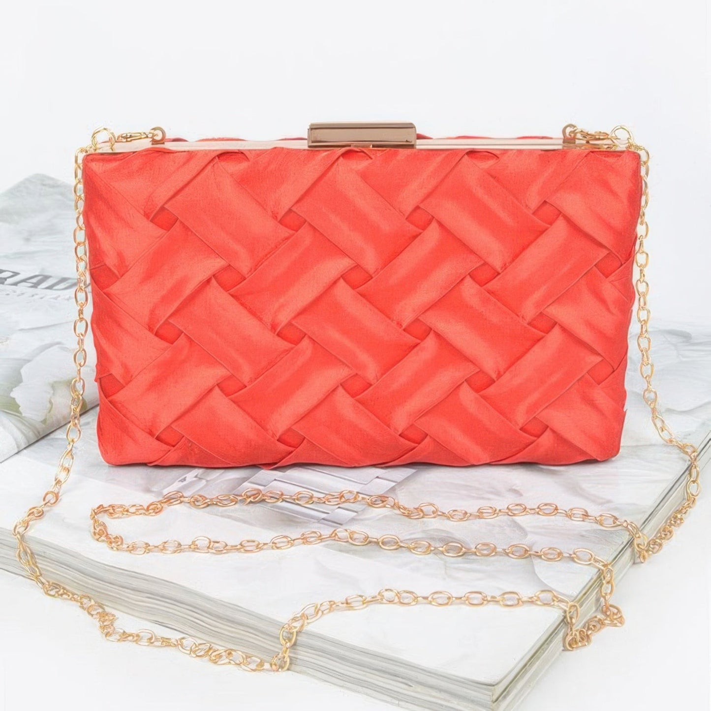 Image 7: Cross Hatched Chain Clutch in Red - Front View