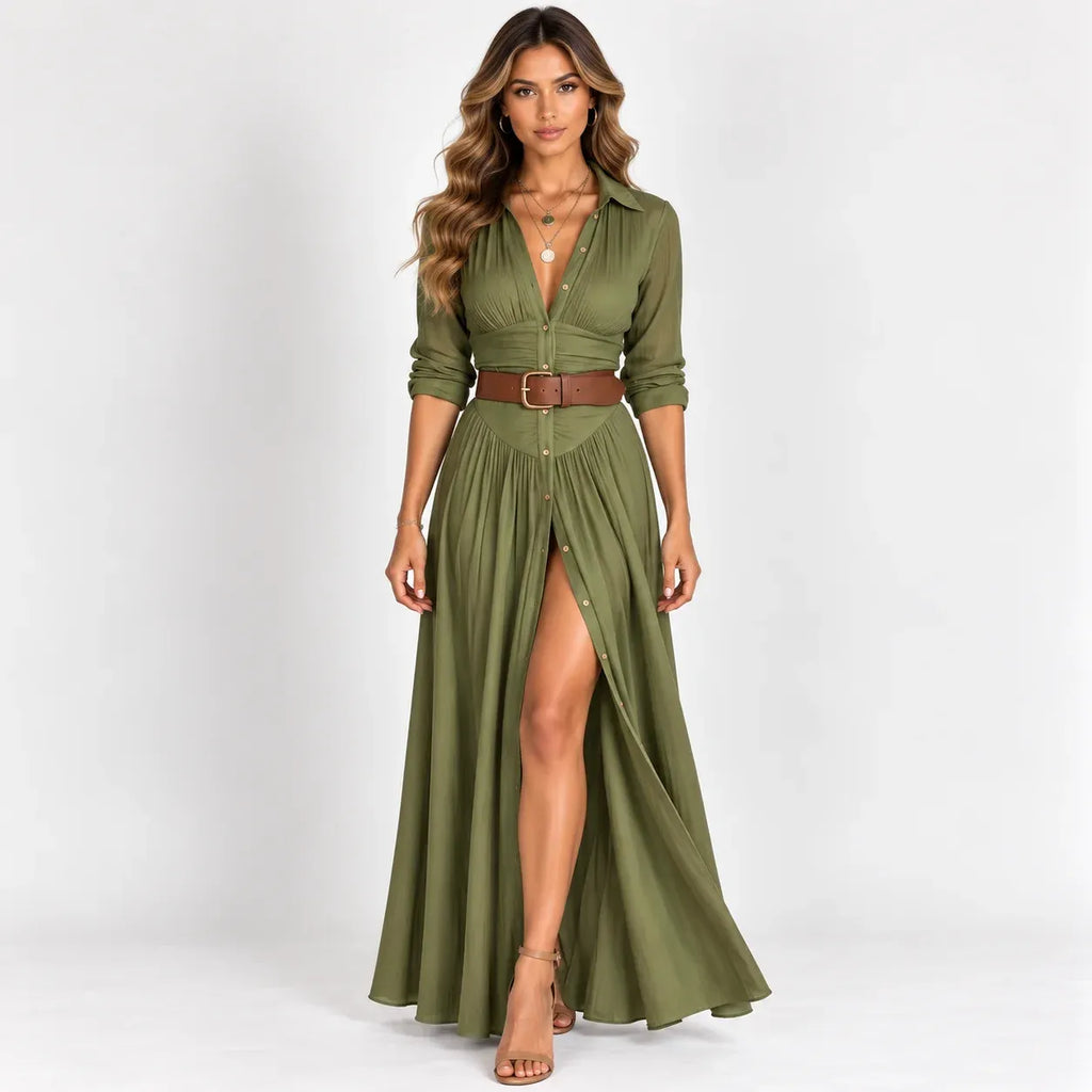 Women’s army green belted button-front long sleeve maxi dress with pleated details and thigh-high front slit