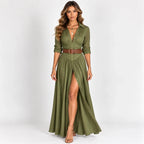 Women’s army green belted button-front long sleeve maxi dress with pleated details and thigh-high front slit