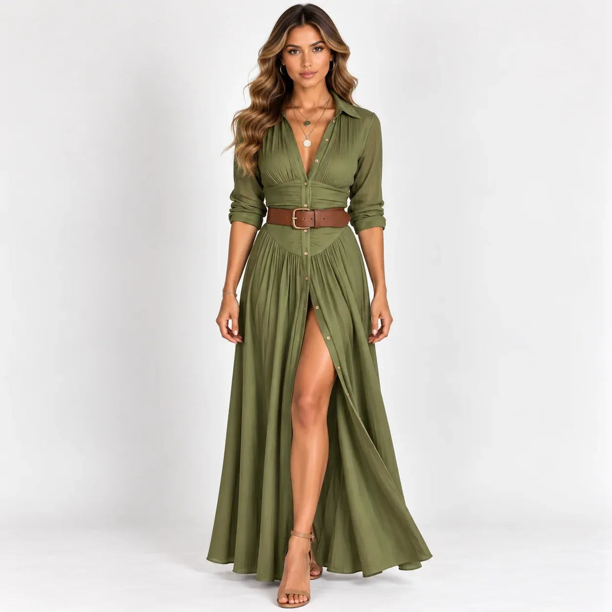 Women’s army green belted button-front long sleeve maxi dress with pleated details and thigh-high front slit
