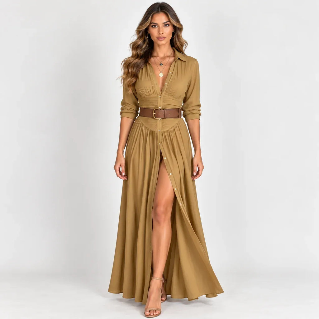Women’s khaki belted button-front long sleeve maxi dress with pleated details and thigh-high front slit