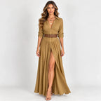 Women’s khaki belted button-front long sleeve maxi dress with pleated details and thigh-high front slit