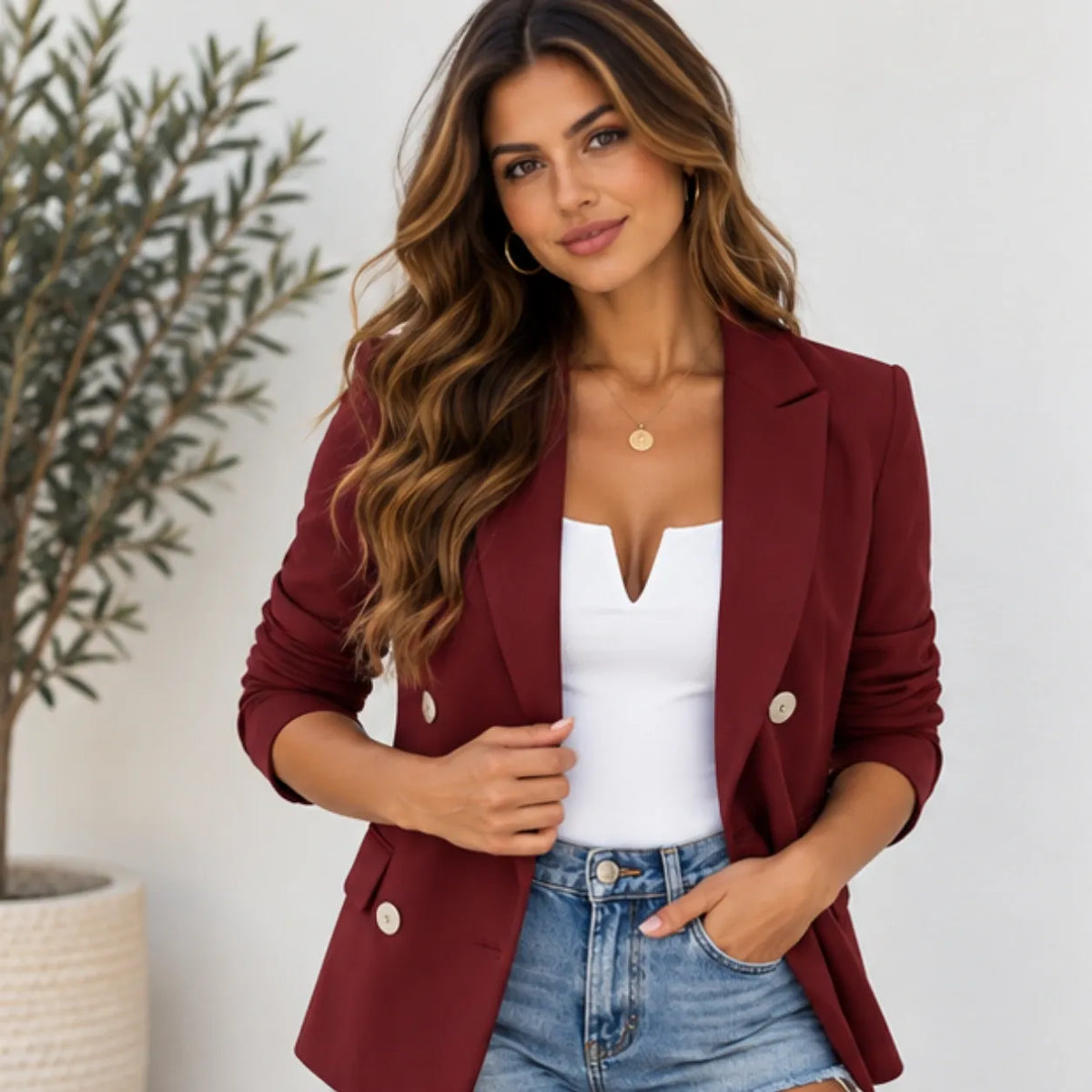 A woman wearing a burgundy double-breasted blazer over a white top and blue denim shorts, standing indoors against a light wall with a potted plant on the left.
