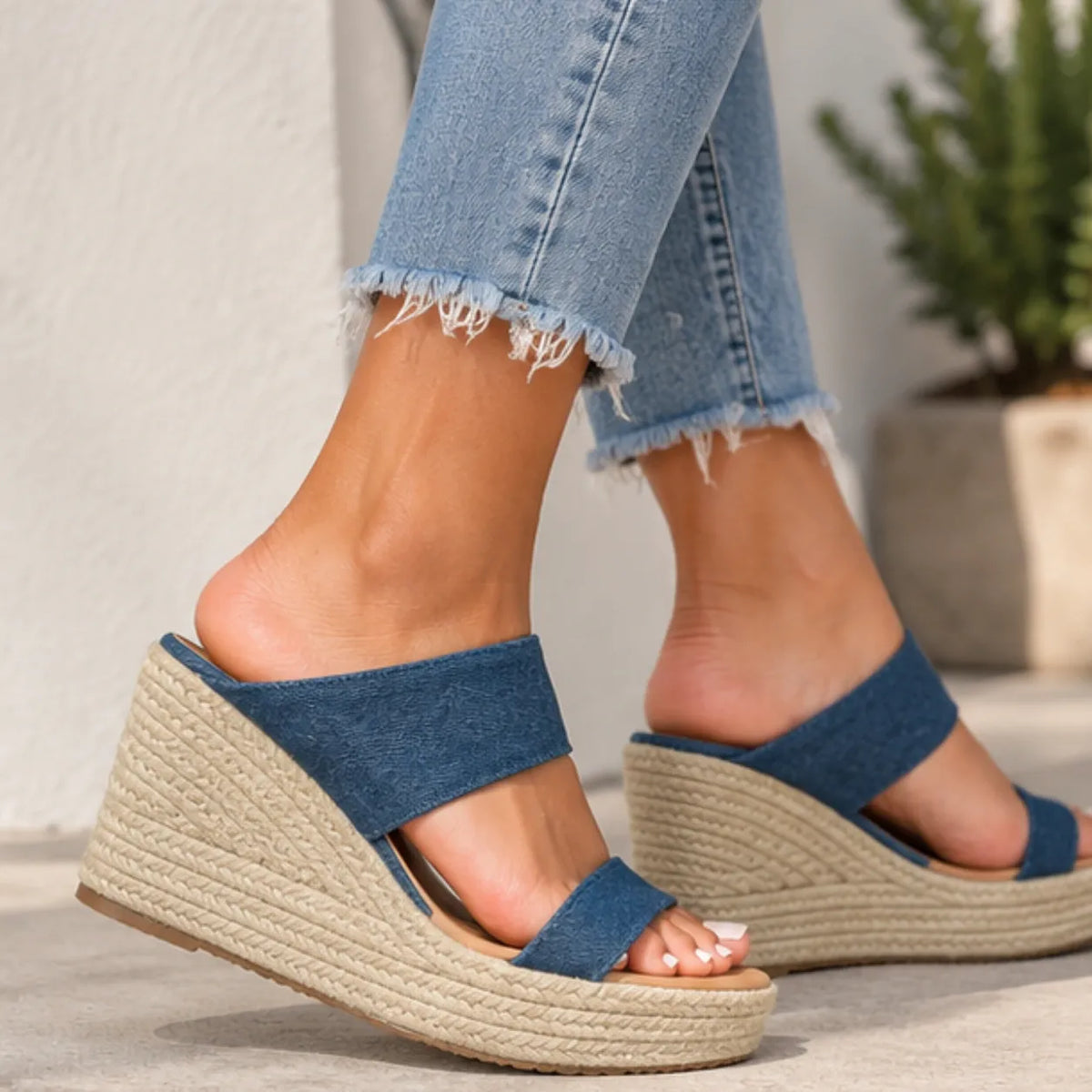A person wearing blue denim slide wedge sandals with thick braided jute wedge heels, shown from the calves down in an outdoor setting.