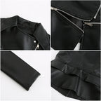 Collage of a black leather jacket showing different angles and details on a white background.