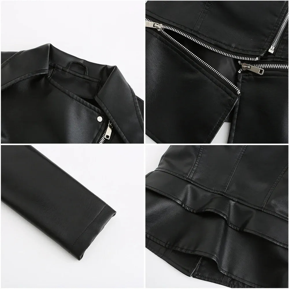 Collage of a black leather jacket showing different angles and details on a white background.