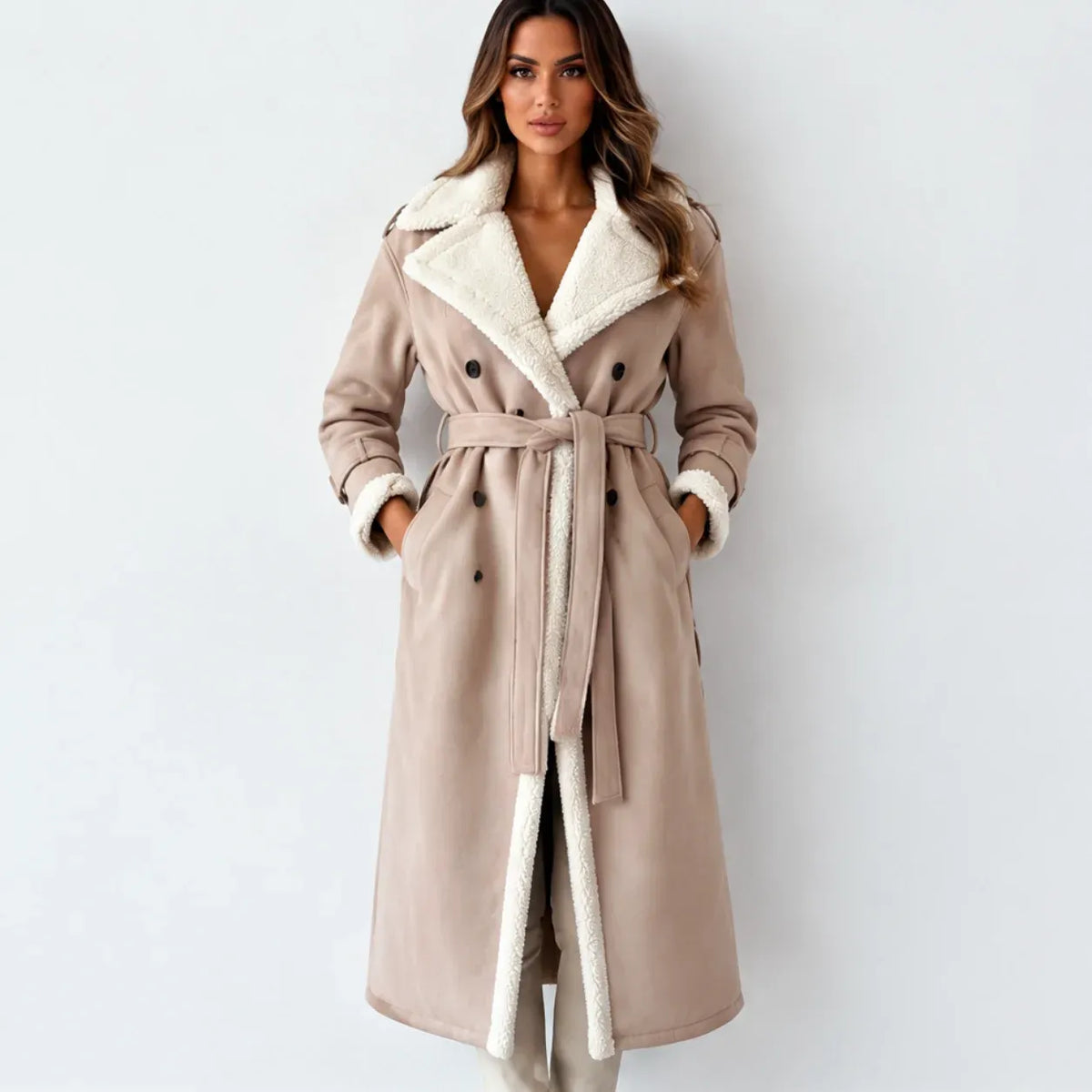 A woman modeling a long taupe faux-suede trench coat with a thick cream sherpa lining. The coat features a double-breasted design with dark buttons, a matching waist tie belt, and a high collar, shown against a plain light gray background.