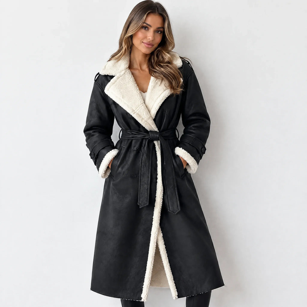 A woman modeling a black faux-suede trench coat with a thick cream sherpa lining. The coat features a matching waist tie belt, wide lapels, and a plush collar and cuffs, shown against a plain light gray background.