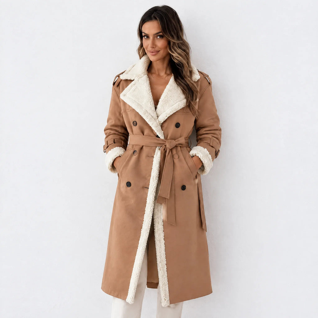 A woman wearing a long tan shearling-lined trench coat with a cream-colored collar, cuffs, and front placket, paired with white pants, standing against a plain white background.