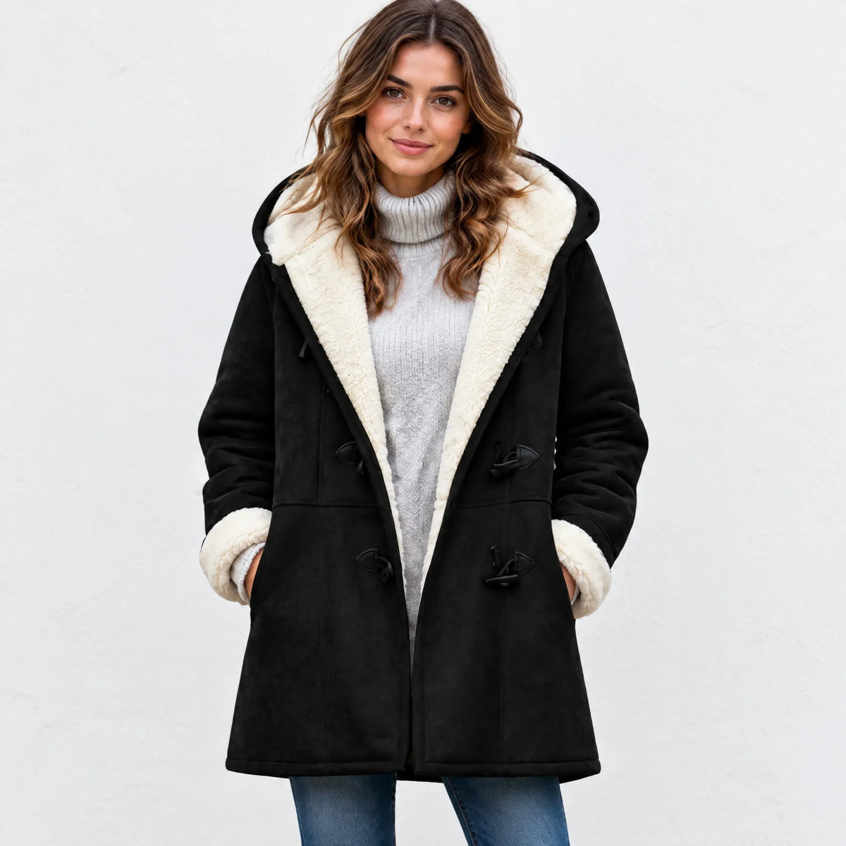 A woman wearing a black faux-suede hooded coat with a thick cream sherpa lining, styled over a light gray turtleneck sweater and blue jeans, against a plain white wall.