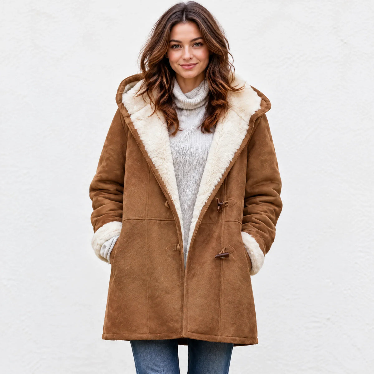 A woman wearing a brown suede-like shearling coat with a cream-colored lining, layered over a light gray turtleneck sweater and blue jeans, standing against a white textured wall.