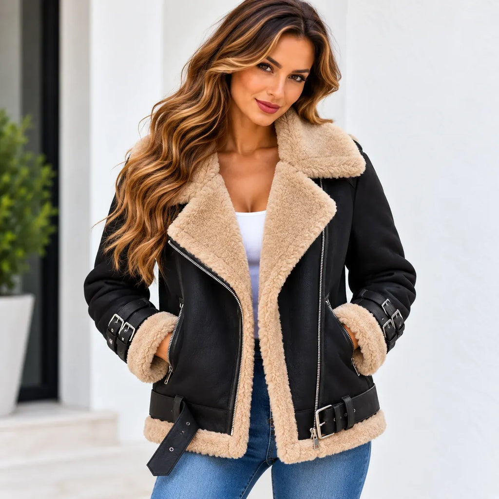A woman wearing a black faux-leather shearling jacket with beige sherpa lining, paired with a white top and blue jeans, standing against a white wall.