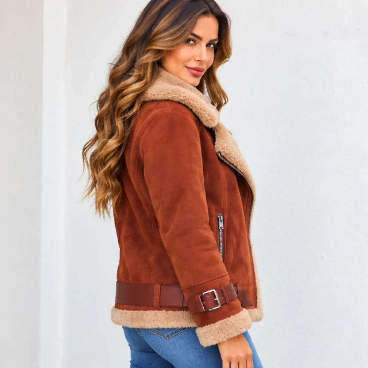 A woman wearing a brown suede shearling jacket with a tan sherpa lining, paired with blue jeans, photographed against a plain white wall.