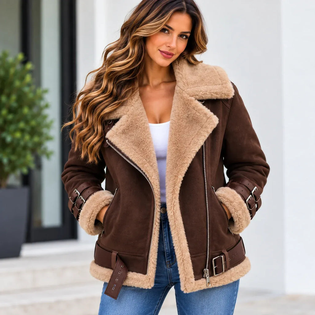 A woman wearing a brown faux-suede shearling jacket with a beige sherpa lining, styled with a white top and blue jeans, standing in front of a modern white building.