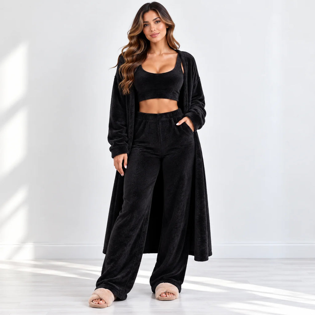 Women’s black fleece 3-piece lounge set with cropped tank top, long cardigan, and wide-leg pants