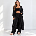 Women’s black fleece 3-piece lounge set with cropped tank top, long cardigan, and wide-leg pants