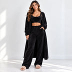 Women’s black fleece 3-piece lounge set with cropped tank top, long cardigan, and wide-leg pants